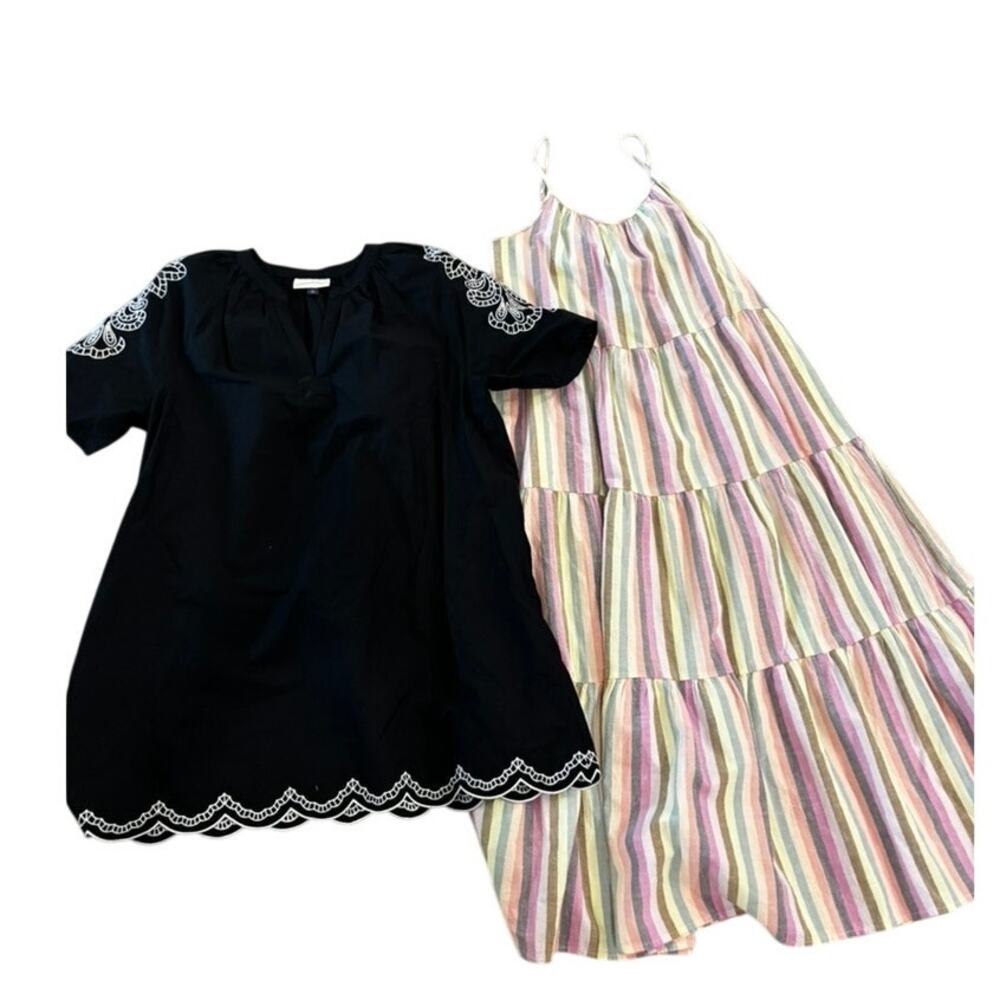 2 Universal Thread Dresses Women XS Black Embroidered & Striped Tiered Midi